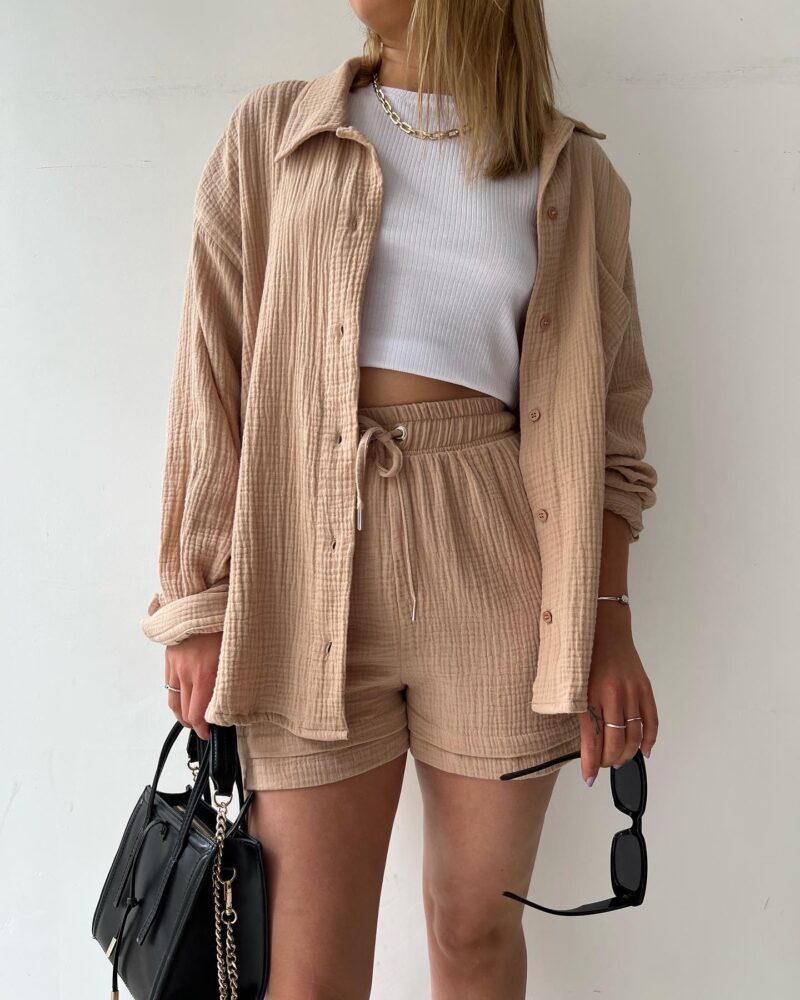 Zweiteiliges Damen-Lounge-Set aus Musselin – Weites Hemd & Kordelzug-Shorts
