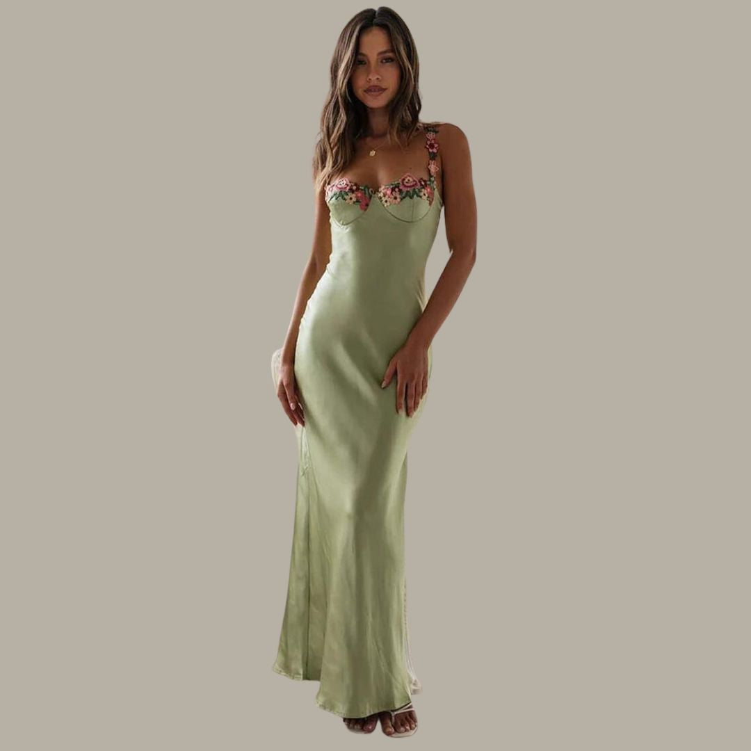 Elegantes Maxikleid aus Satin mit zarter Blumenverzierung