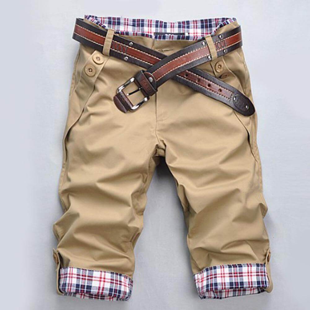 Herren Bermuda Shorts mit Gürtel – Chino-Shorts mit Karofutter und umschlagbarem Bein für Sommer und Freizeit