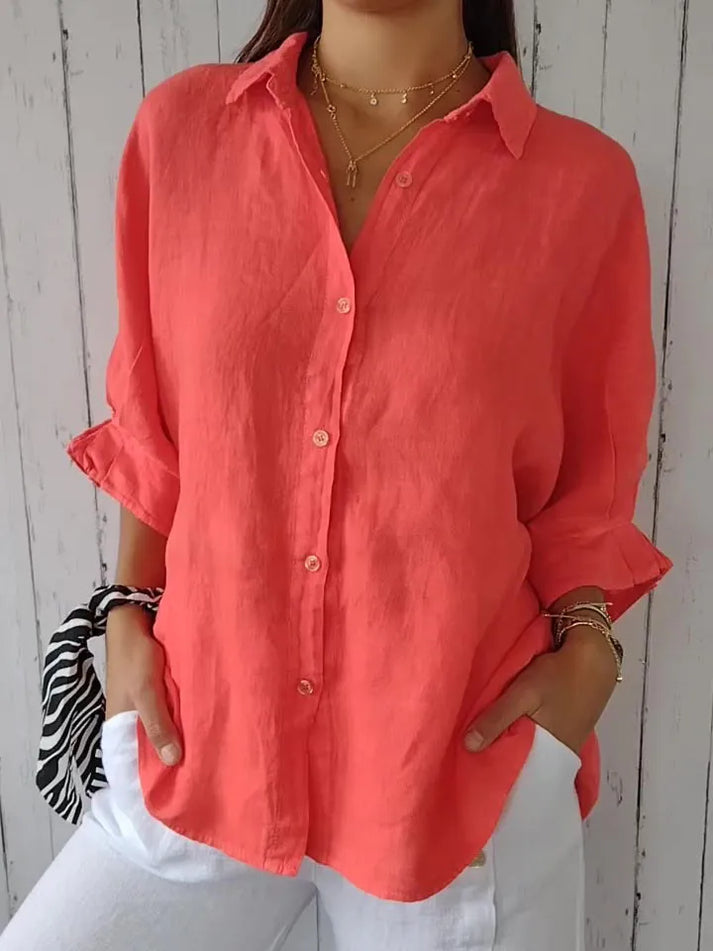 Damen Oversized Leinenbluse mit Knopfleiste – Langärmliges Hemd mit Kragen – Luftige Sommerbluse für Alltag, Urlaub und Freizeit