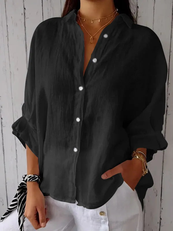 Damen Oversized Leinenbluse mit Knopfleiste – Langärmliges Hemd mit Kragen – Luftige Sommerbluse für Alltag, Urlaub und Freizeit