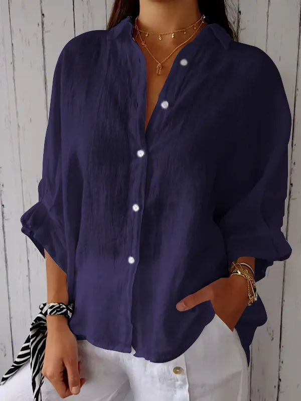Damen Oversized Leinenbluse mit Knopfleiste – Langärmliges Hemd mit Kragen – Luftige Sommerbluse für Alltag, Urlaub und Freizeit