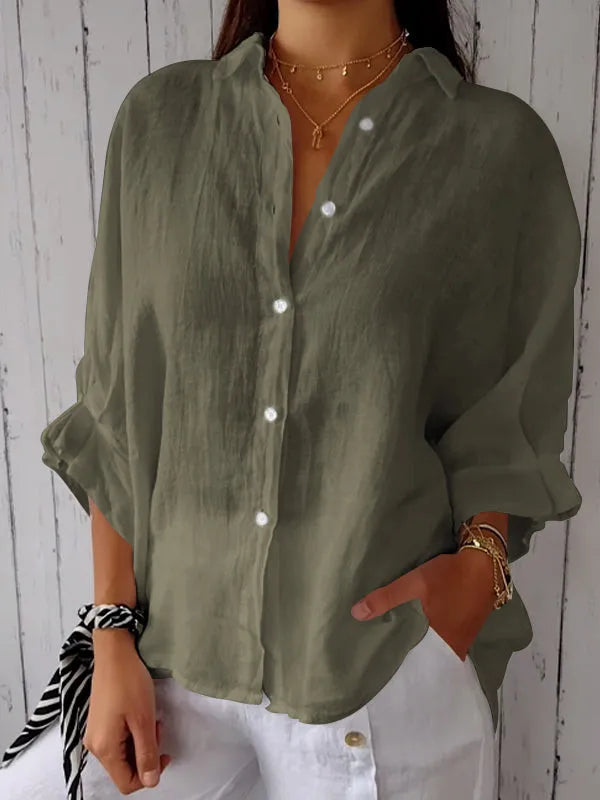 Damen Oversized Leinenbluse mit Knopfleiste – Langärmliges Hemd mit Kragen – Luftige Sommerbluse für Alltag, Urlaub und Freizeit