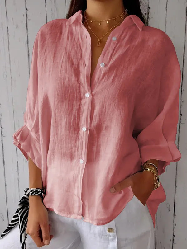 Damen Oversized Leinenbluse mit Knopfleiste – Langärmliges Hemd mit Kragen – Luftige Sommerbluse für Alltag, Urlaub und Freizeit
