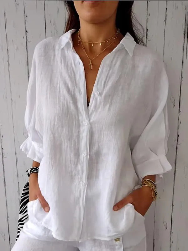Damen Oversized Leinenbluse mit Knopfleiste – Langärmliges Hemd mit Kragen – Luftige Sommerbluse für Alltag, Urlaub und Freizeit