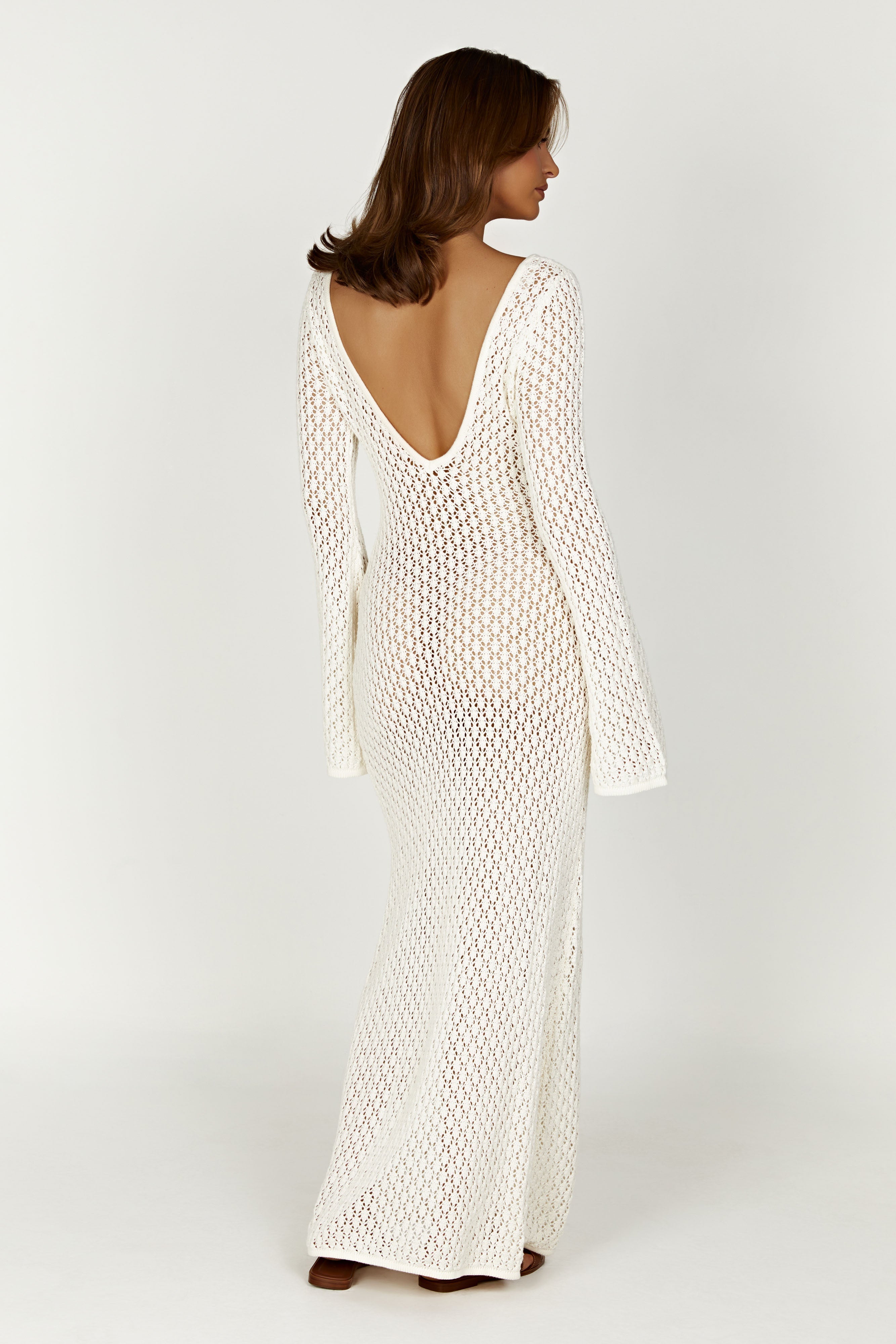 Damen Häkel-Strick Maxikleid – Langärmliges, transparentes Strand-Cover-Up