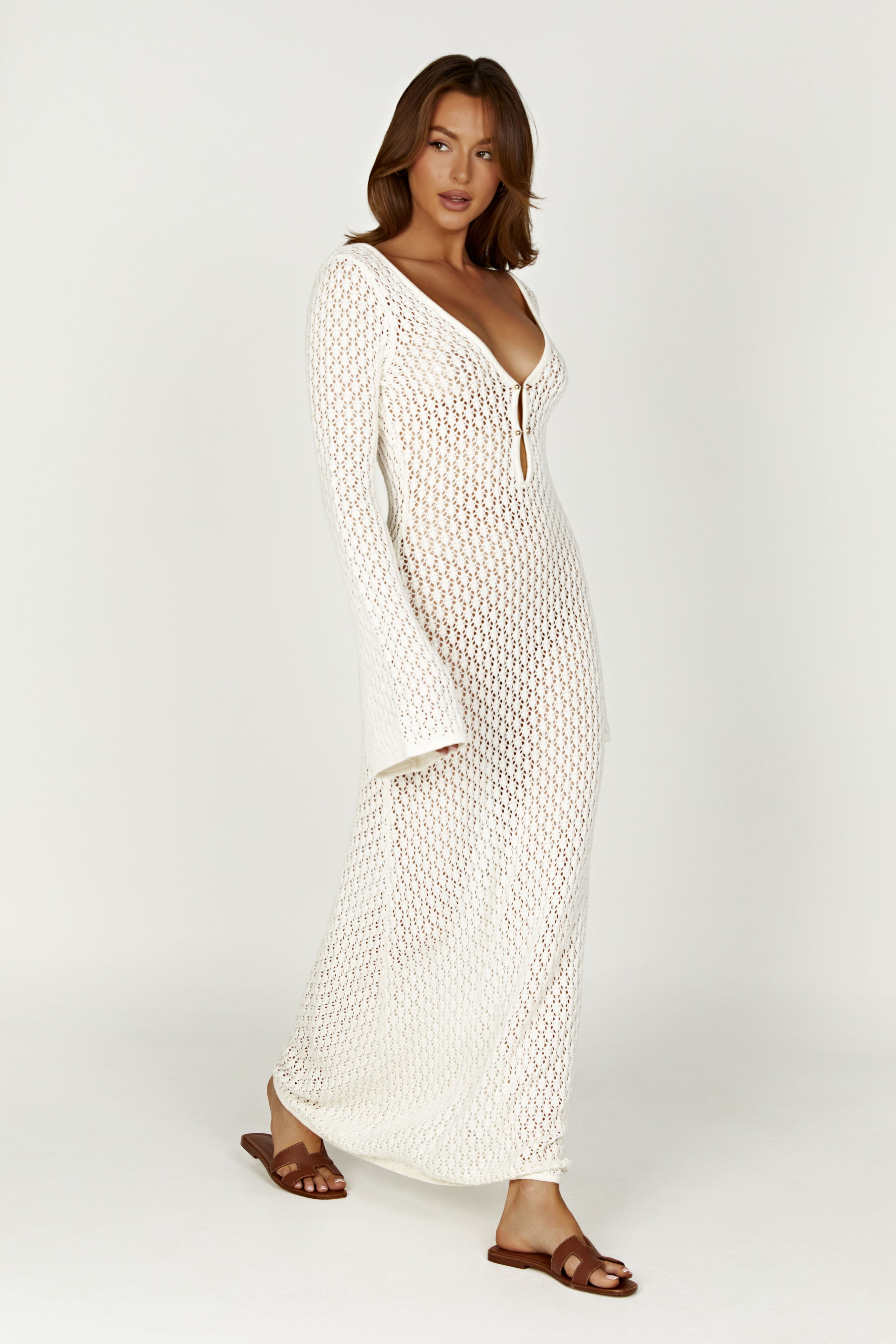 Damen Häkel-Strick Maxikleid – Langärmliges, transparentes Strand-Cover-Up