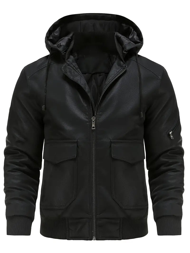 Nathanael - Wasserdichte und Winddichte Winterjacke aus PU-Leder mit Kapuze für Herren