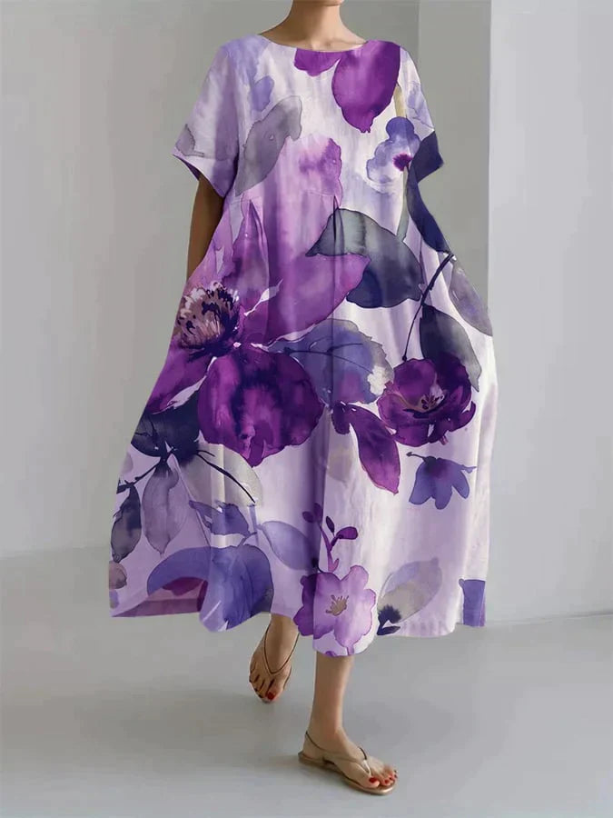 Leicht geschnittenes Leinenkleid mit floralem Aquarellmuster