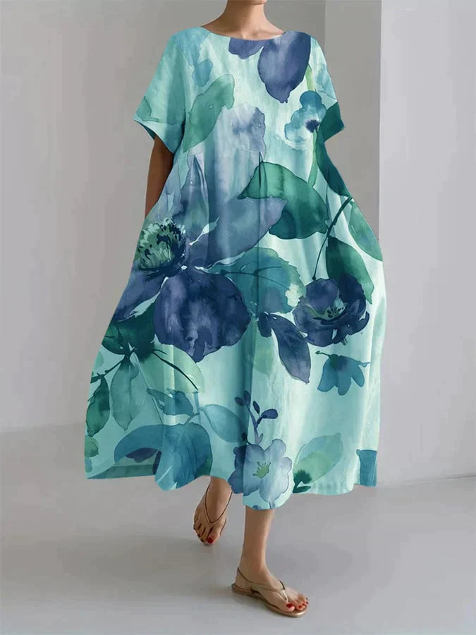 Leicht geschnittenes Leinenkleid mit floralem Aquarellmuster