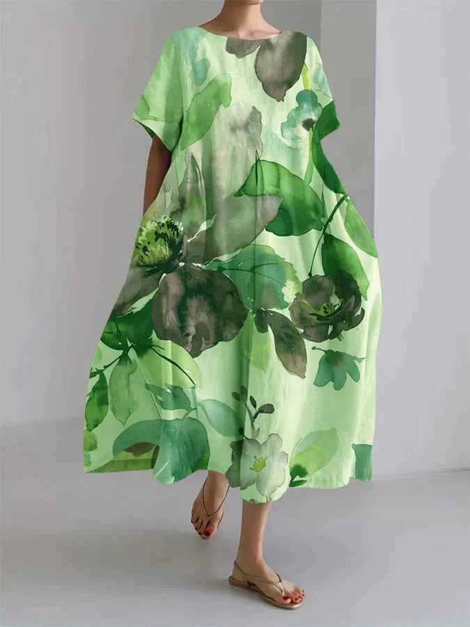 Leicht geschnittenes Leinenkleid mit floralem Aquarellmuster