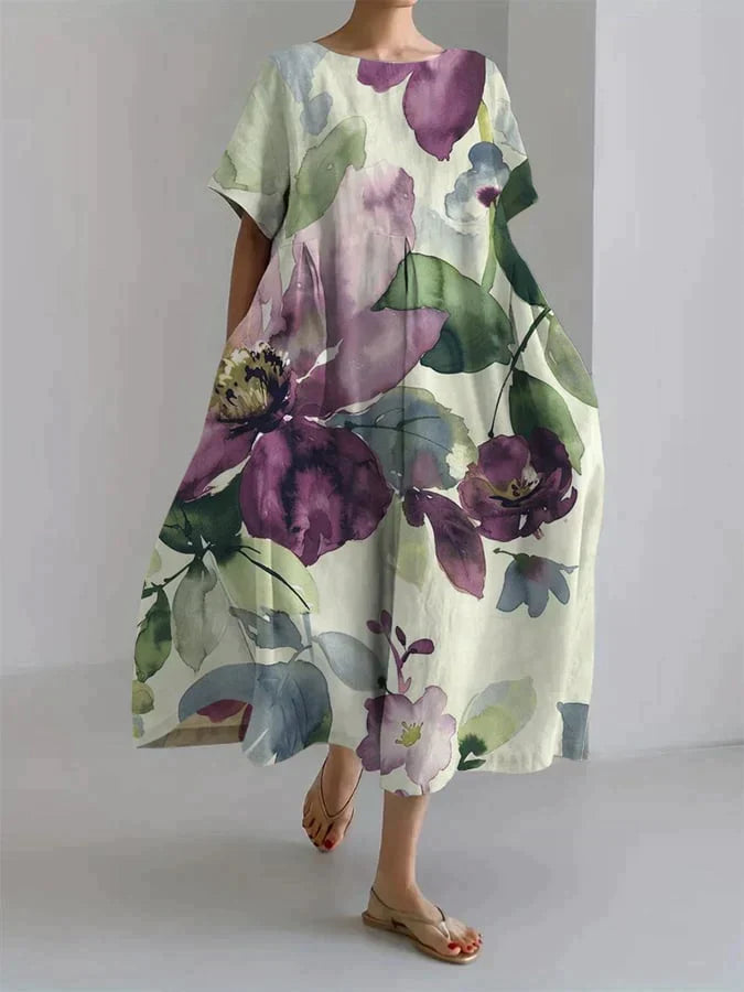 Leicht geschnittenes Leinenkleid mit floralem Aquarellmuster