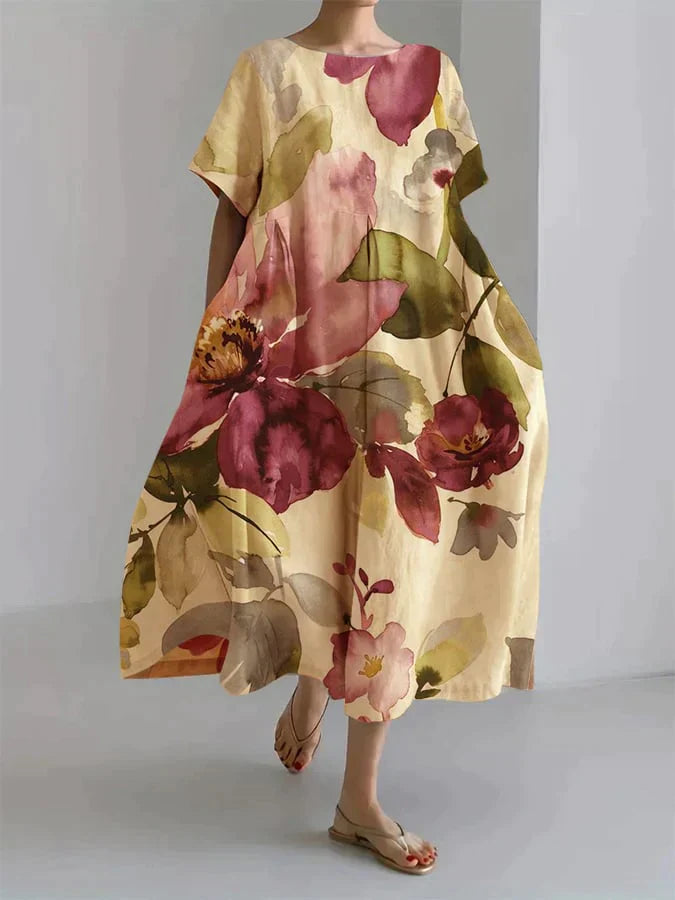 Leicht geschnittenes Leinenkleid mit floralem Aquarellmuster