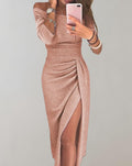 Alona | Elegantes und Glamouröses Schulterfreies Kleid mit 3/4-Ärmeln und Schlitz