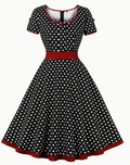 Retro Rockabilly Kleid mit Polka Dots – 50er Jahre Vintage-Kleid mit schwingendem Rock & Taillenband – Kurzarm A-Linienkleid für Party & Alltag