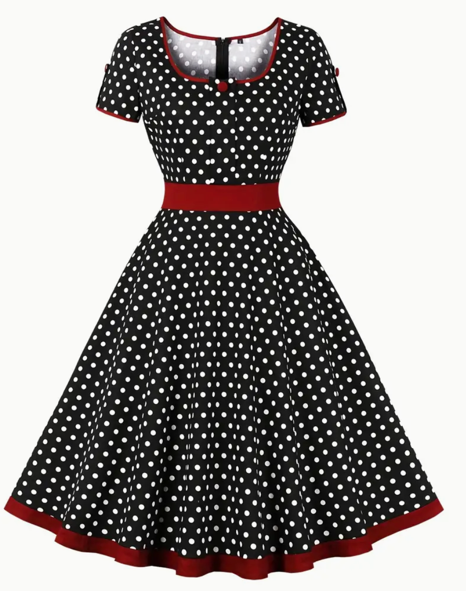 Retro Rockabilly Kleid mit Polka Dots – 50er Jahre Vintage-Kleid mit schwingendem Rock & Taillenband – Kurzarm A-Linienkleid für Party & Alltag