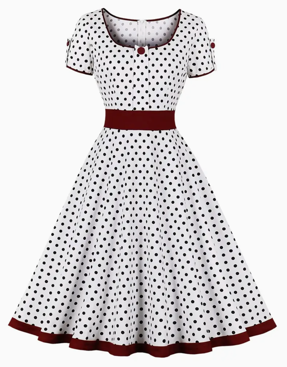 Retro Rockabilly Kleid mit Polka Dots – 50er Jahre Vintage-Kleid mit schwingendem Rock & Taillenband – Kurzarm A-Linienkleid für Party & Alltag