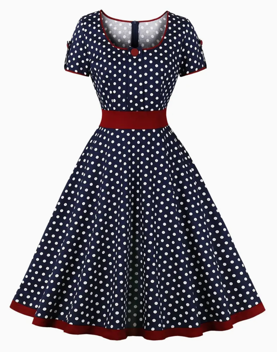Retro Rockabilly Kleid mit Polka Dots – 50er Jahre Vintage-Kleid mit schwingendem Rock & Taillenband – Kurzarm A-Linienkleid für Party & Alltag