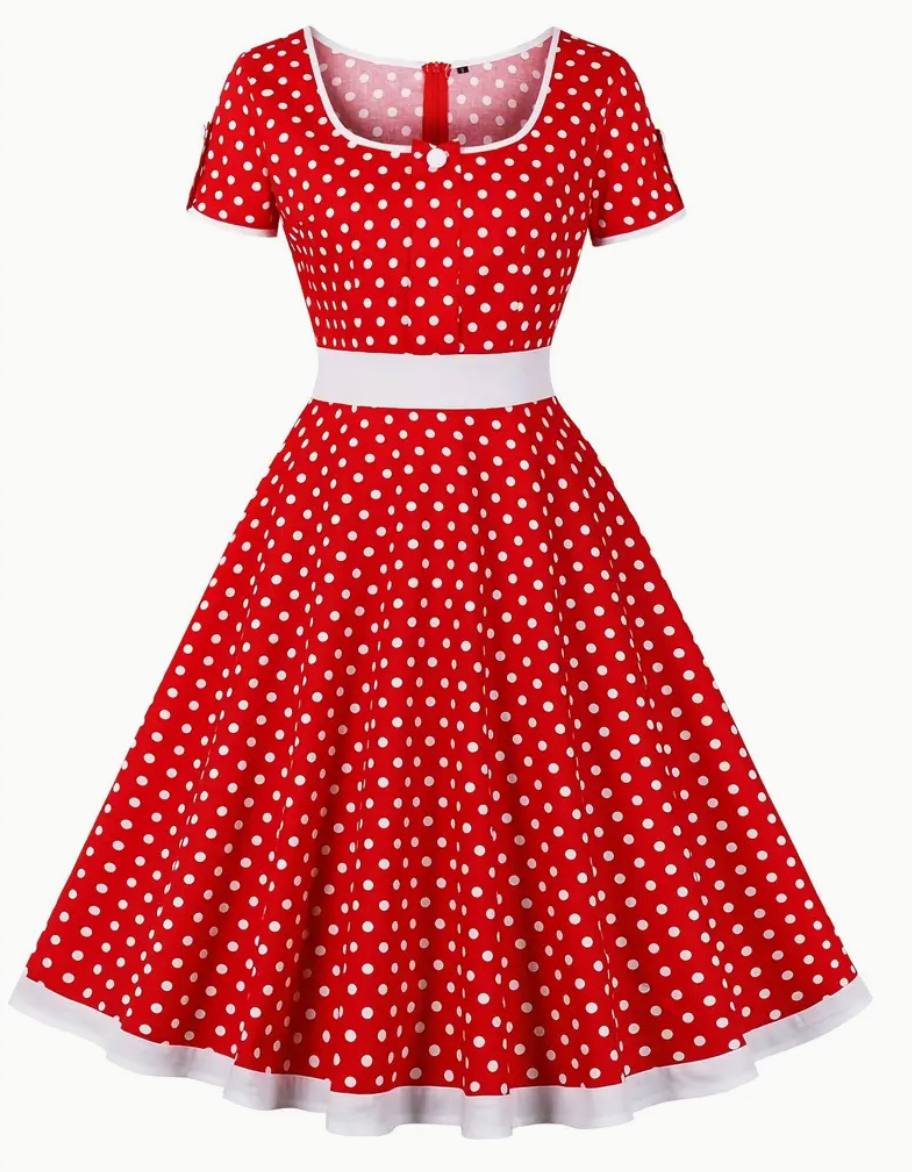 Retro Rockabilly Kleid mit Polka Dots – 50er Jahre Vintage-Kleid mit schwingendem Rock & Taillenband – Kurzarm A-Linienkleid für Party & Alltag