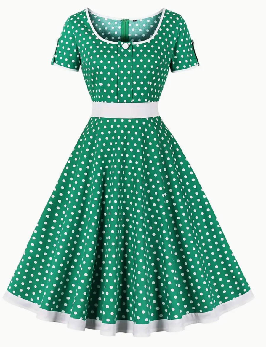 Retro Rockabilly Kleid mit Polka Dots – 50er Jahre Vintage-Kleid mit schwingendem Rock & Taillenband – Kurzarm A-Linienkleid für Party & Alltag