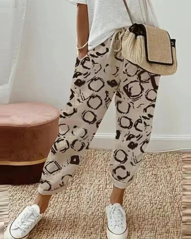 Damen Streifen-Leinenhose – Leichte Freizeithose mit Kordelzug und Taschen für Sommer, Alltag und Boho-Stil