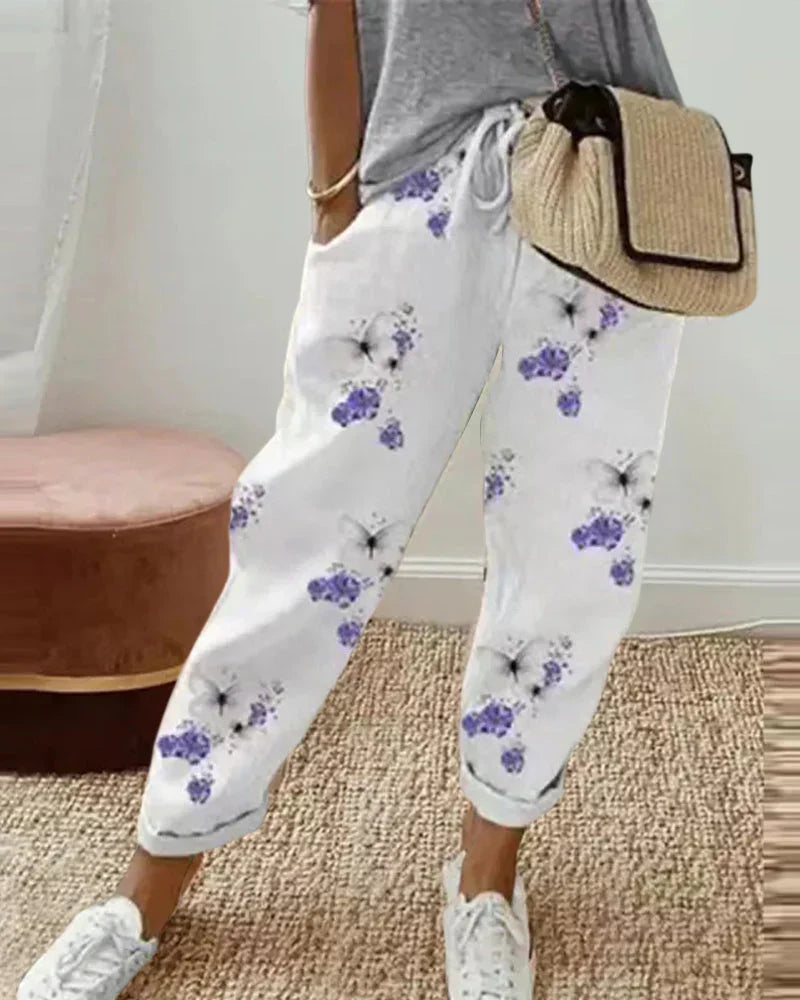 Damen Streifen-Leinenhose – Leichte Freizeithose mit Kordelzug und Taschen für Sommer, Alltag und Boho-Stil