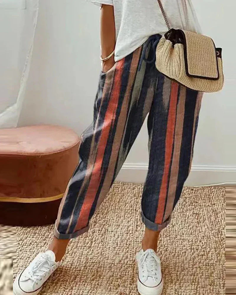 Damen Streifen-Leinenhose – Leichte Freizeithose mit Kordelzug und Taschen für Sommer, Alltag und Boho-Stil
