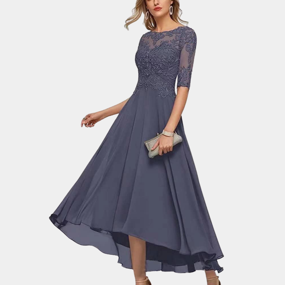 Elegantes Damen-Abendkleid mit Spitze – A-Linien Kleid mit 3/4-Ärmeln und asymmetrischem Saum