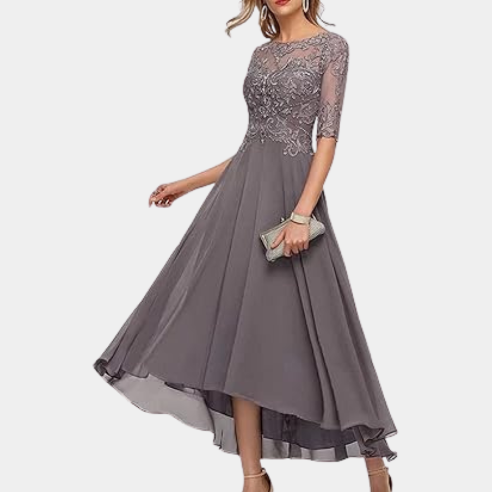 Elegantes Damen-Abendkleid mit Spitze – A-Linien Kleid mit 3/4-Ärmeln und asymmetrischem Saum
