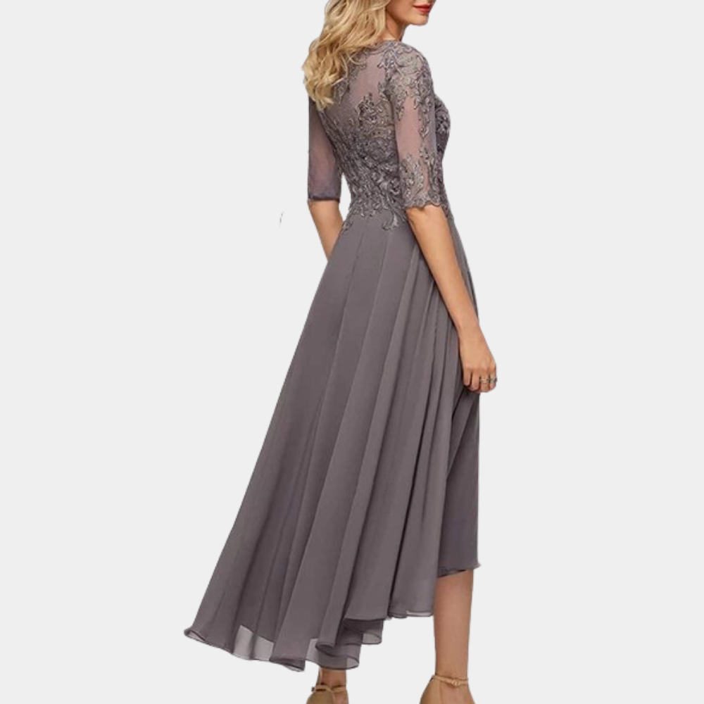Elegantes Damen-Abendkleid mit Spitze – A-Linien Kleid mit 3/4-Ärmeln und asymmetrischem Saum