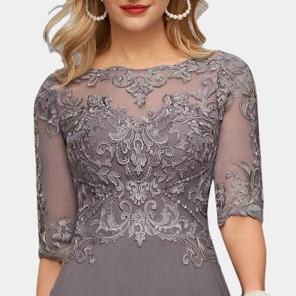 Elegantes Damen-Abendkleid mit Spitze – A-Linien Kleid mit 3/4-Ärmeln und asymmetrischem Saum