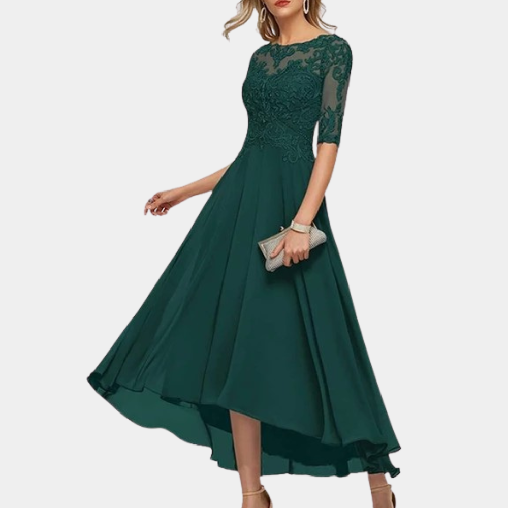 Elegantes Damen-Abendkleid mit Spitze – A-Linien Kleid mit 3/4-Ärmeln und asymmetrischem Saum
