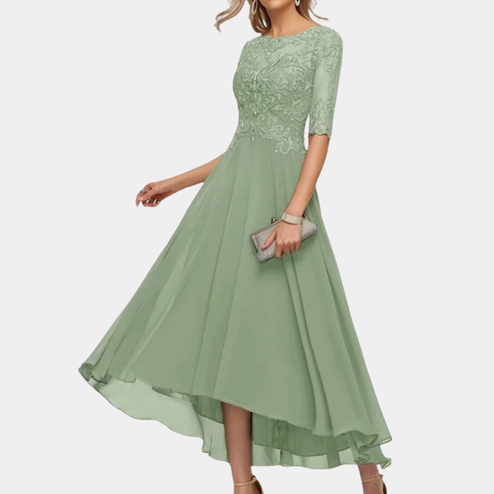 Elegantes Damen-Abendkleid mit Spitze – A-Linien Kleid mit 3/4-Ärmeln und asymmetrischem Saum