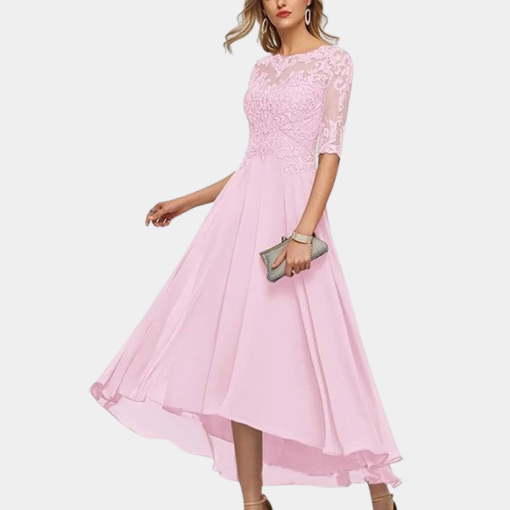 Elegantes Damen-Abendkleid mit Spitze – A-Linien Kleid mit 3/4-Ärmeln und asymmetrischem Saum