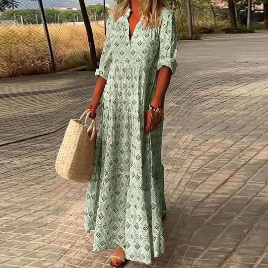 Boho Maxikleid für Damen mit Print & V-Ausschnitt – Luftiges Sommerkleid mit 3/4-Ärmeln für Strand, Urlaub & Alltag
