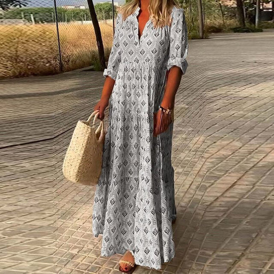 Boho Maxikleid für Damen mit Print & V-Ausschnitt – Luftiges Sommerkleid mit 3/4-Ärmeln für Strand, Urlaub & Alltag