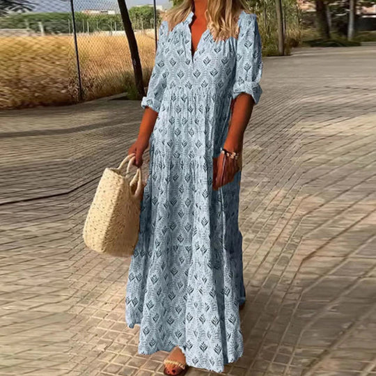 Boho Maxikleid für Damen mit Print & V-Ausschnitt – Luftiges Sommerkleid mit 3/4-Ärmeln für Strand, Urlaub & Alltag