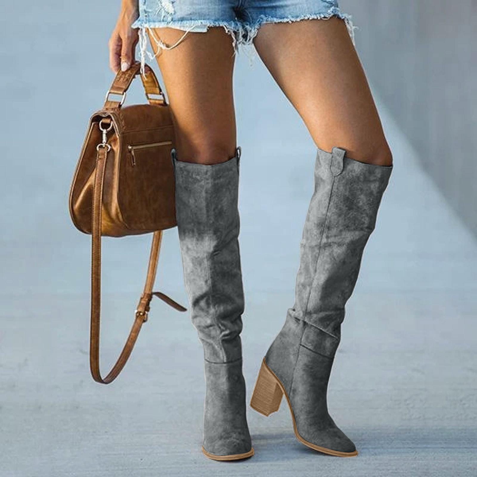 Cowboy-Style Overknee Plateau Stiefel aus Leder im Wildleder-Look für Damen | Ideal für legere Anlässe