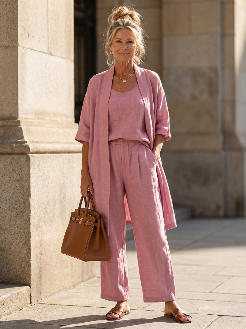 Liora Damen Leinen-Set | Ärmelloses Top, Weite Hose, Offener Cardigan 1