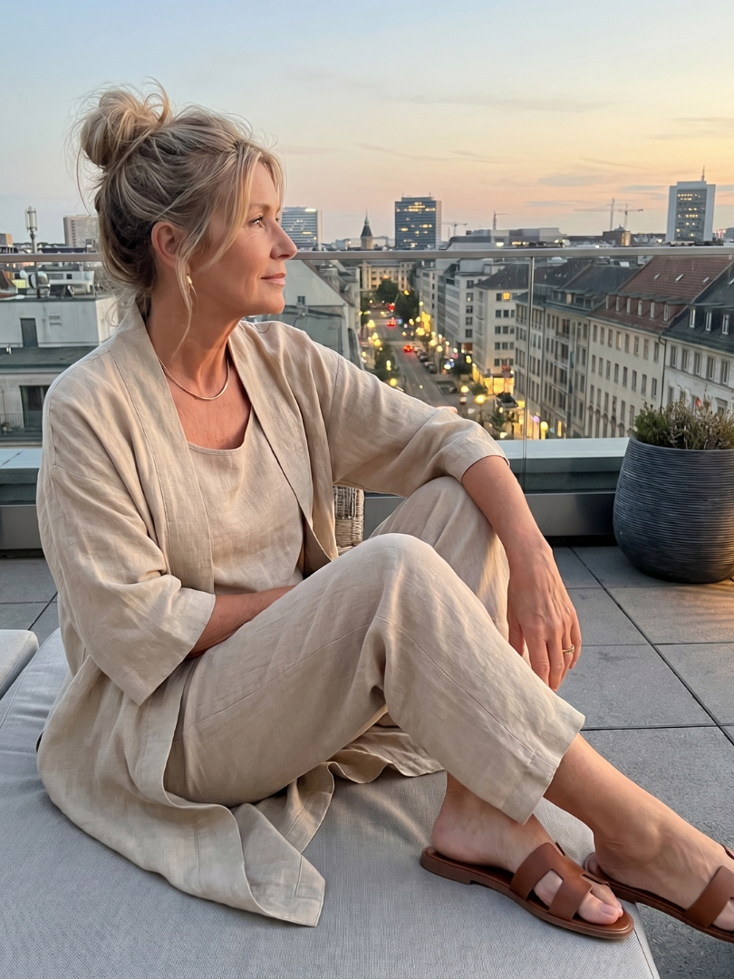 Liora Damen Leinen-Set | Ärmelloses Top, Weite Hose, Offener Cardigan 10