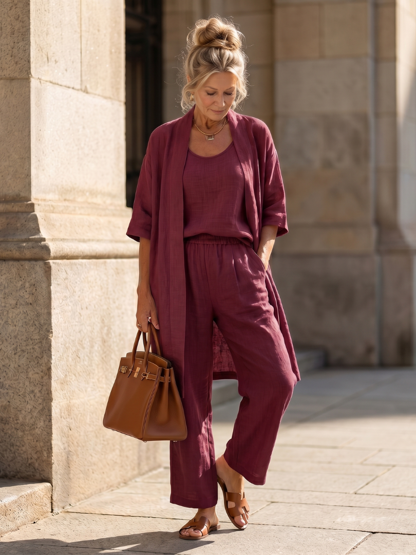 Liora Damen Leinen-Set | Ärmelloses Top, Weite Hose, Offener Cardigan 7
