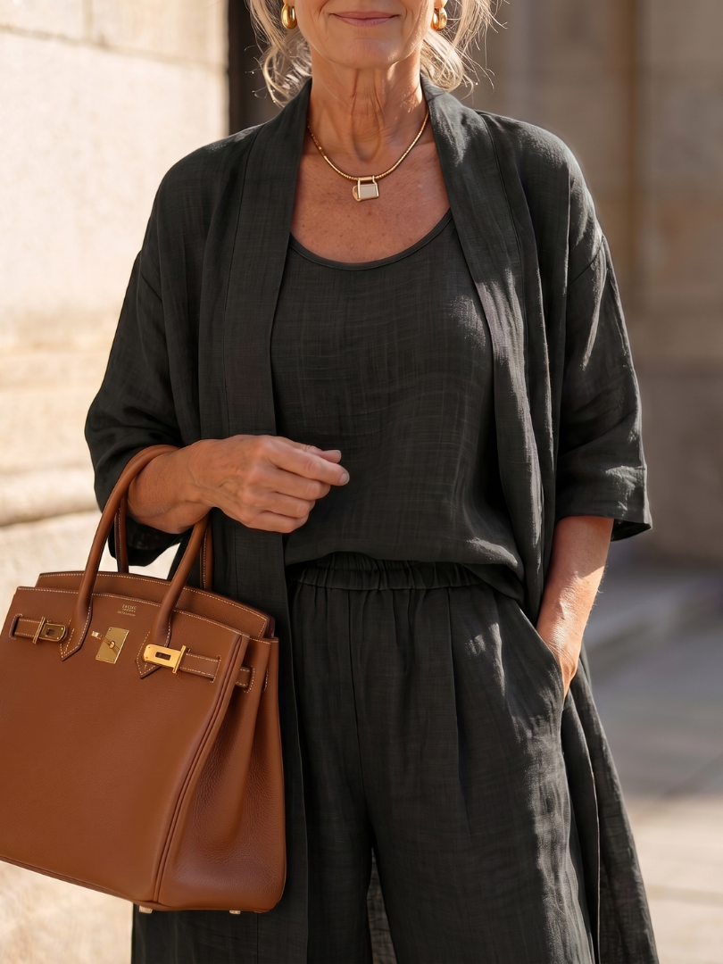 Liora Damen Leinen-Set | Ärmelloses Top, Weite Hose, Offener Cardigan 9