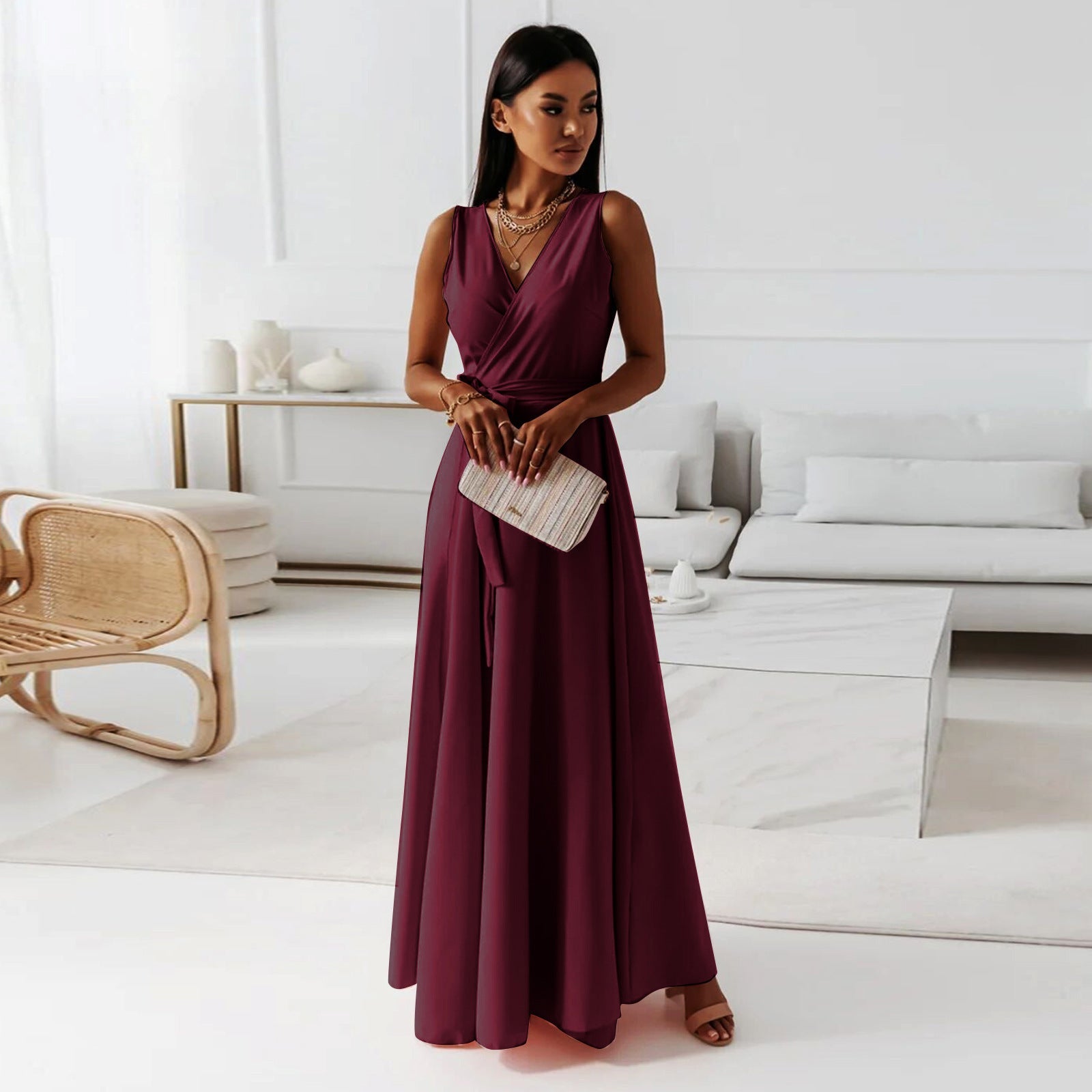Gretchen - Women's Solid Color V-Neck Long Dress