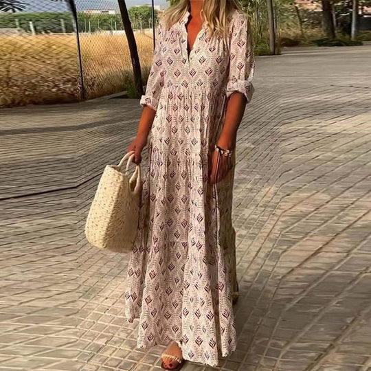 Boho Maxikleid für Damen mit Print & V-Ausschnitt – Luftiges Sommerkleid mit 3/4-Ärmeln für Strand, Urlaub & Alltag