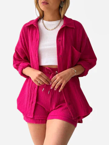 Zweiteiliges Damen-Lounge-Set aus Musselin – Weites Hemd & Kordelzug-Shorts