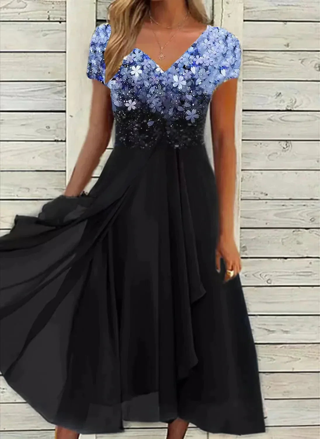 Damen-Abendkleid – Glitzerndes Maxikleid mit V-Ausschnitt und fließendem Chiffonrock