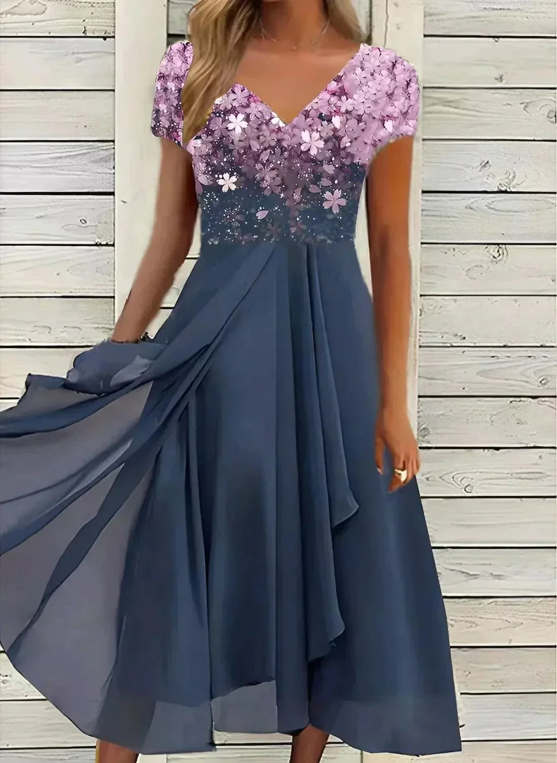 Damen-Abendkleid – Glitzerndes Maxikleid mit V-Ausschnitt und fließendem Chiffonrock