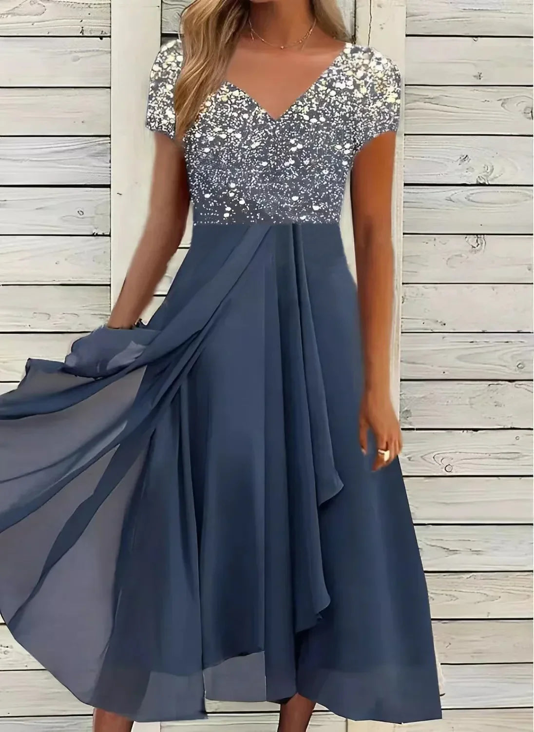Damen-Abendkleid – Glitzerndes Maxikleid mit V-Ausschnitt und fließendem Chiffonrock