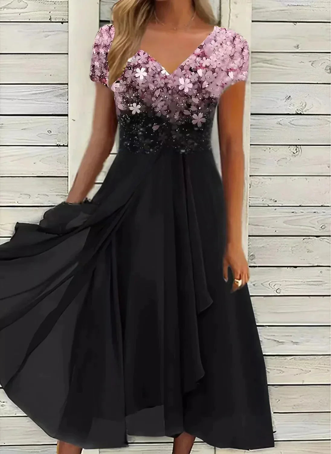 Damen-Abendkleid – Glitzerndes Maxikleid mit V-Ausschnitt und fließendem Chiffonrock