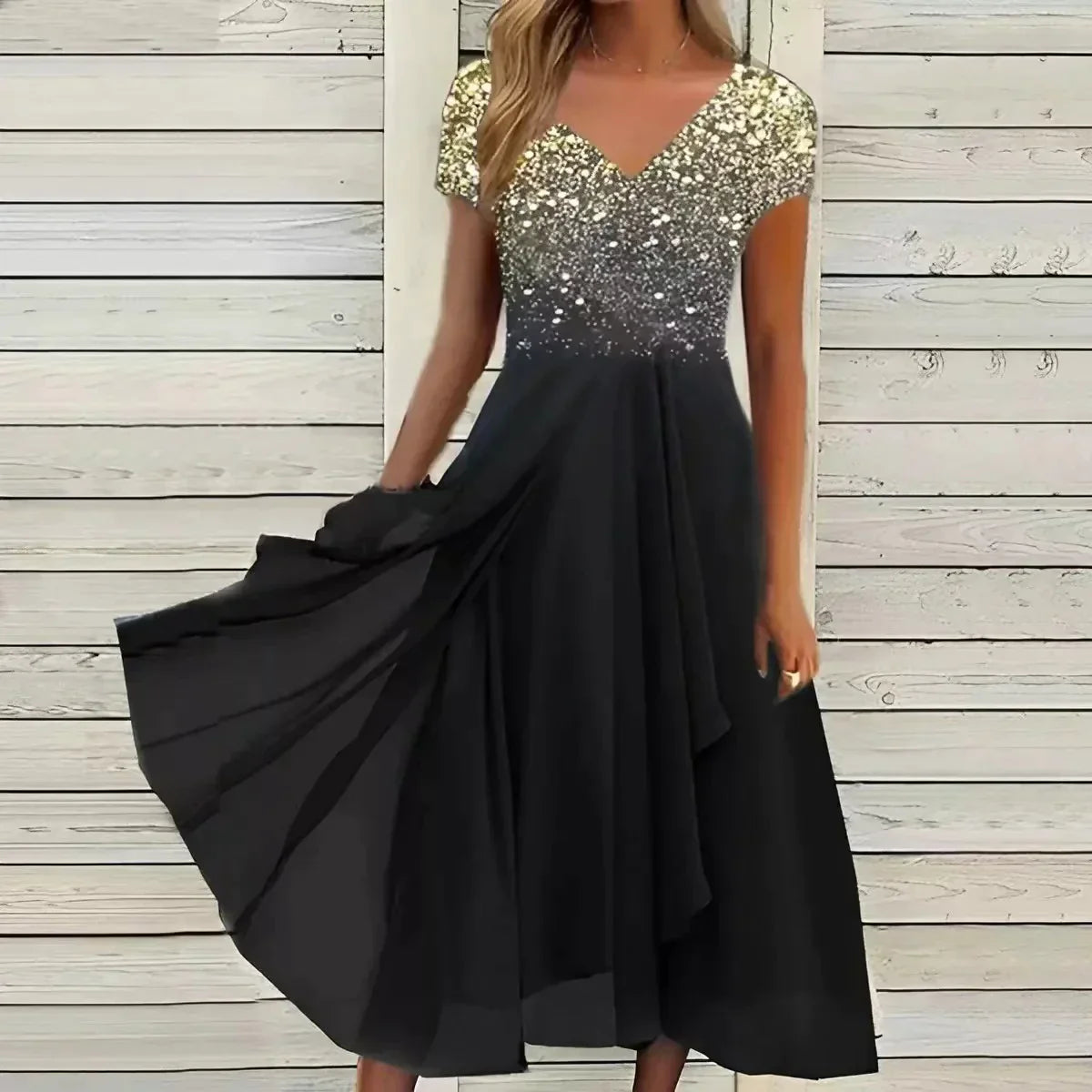 Damen-Abendkleid – Glitzerndes Maxikleid mit V-Ausschnitt und fließendem Chiffonrock